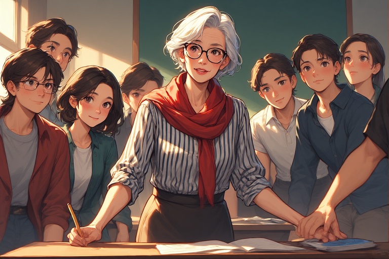 Prof de français avec ses étudiants.
