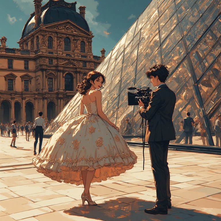 Actress in front of the Louvre museum.