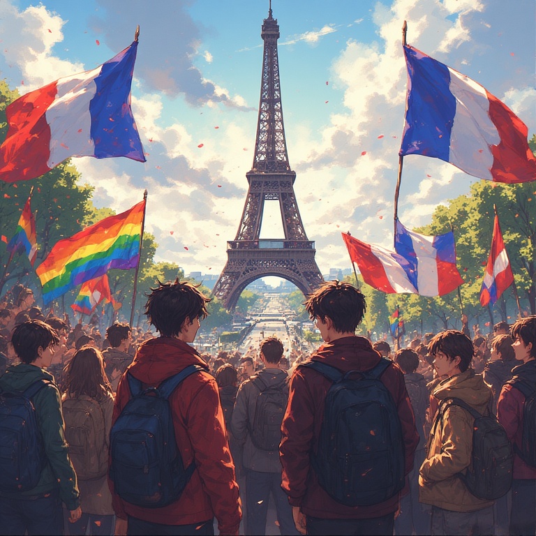 Left and Right wing people gathered together in Front of the Eiffel Tower.