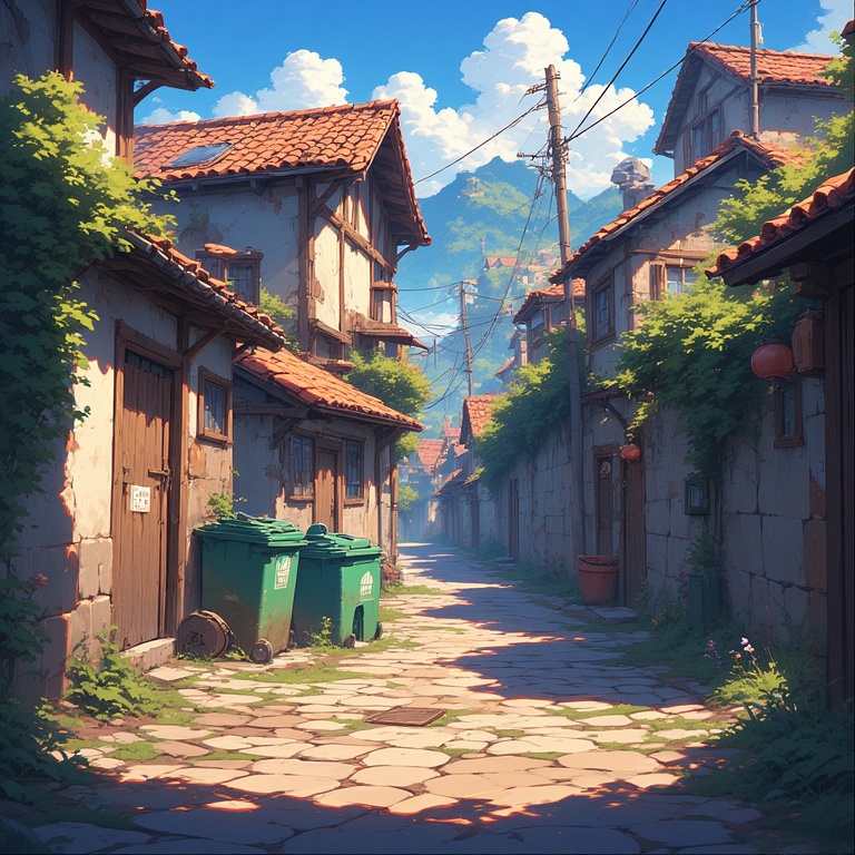 Trash cans in a small village.